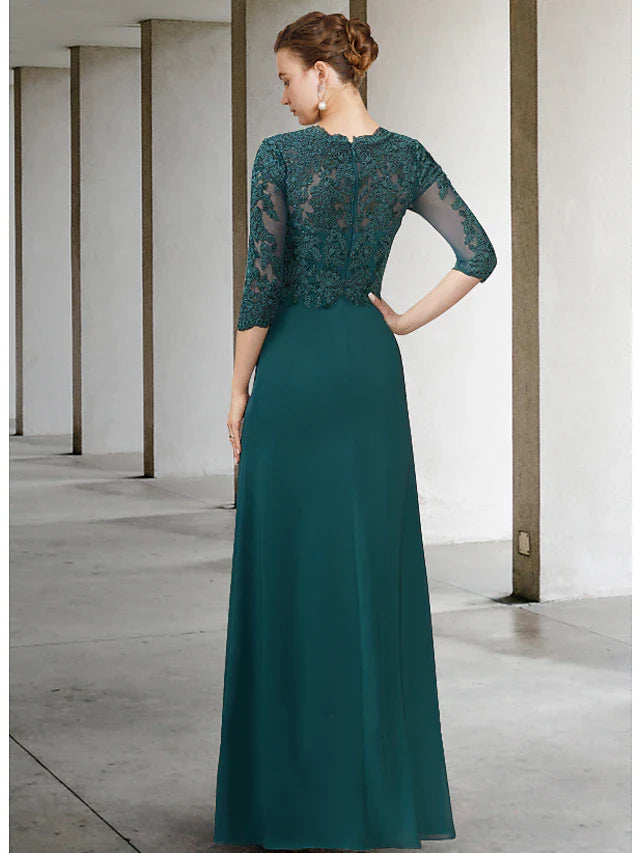 Wholesale A-Line Mother of the Bride Dress Elegant V Neck Floor Length Chiffon Lace Half Sleeve with Draping Appliques